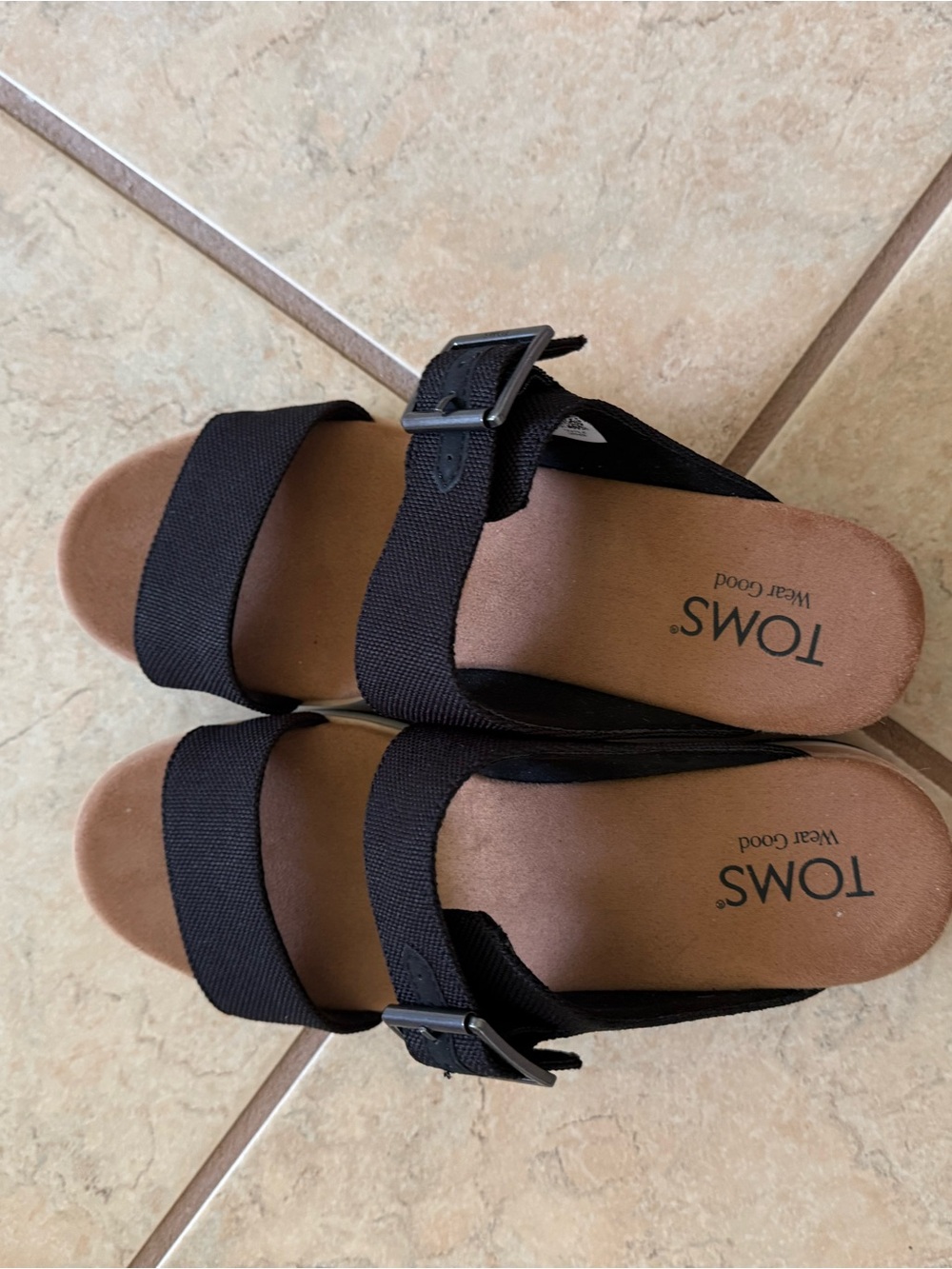 TOMS Black Double-Strap Buckle Slide Sandals